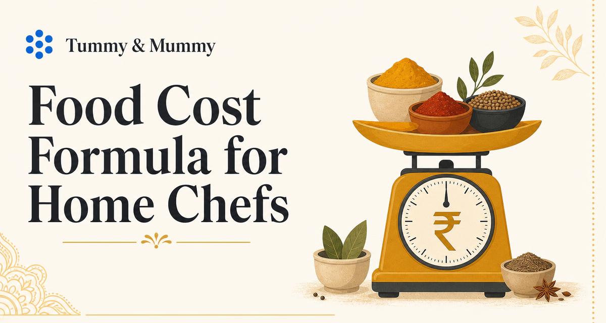 Kitchen weighing scale with spice bowls and a rupee symbol, illustrating the food cost formula