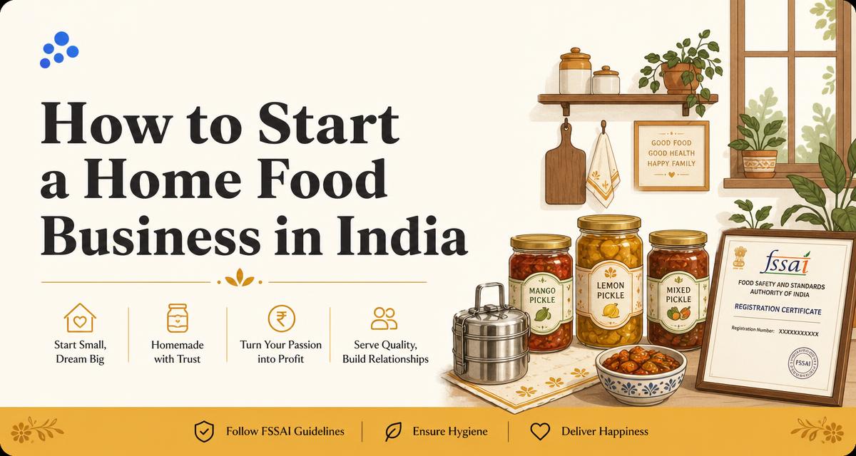 Home kitchen with pickle jars, a tiffin box and an FSSAI registration certificate